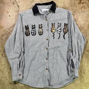 Vintage 90s casey max cat stripped button up shirt size S patches
